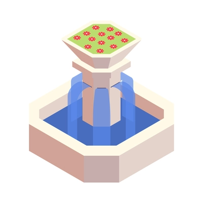 Isometric city park fountain with red flowers 3d vector illustration