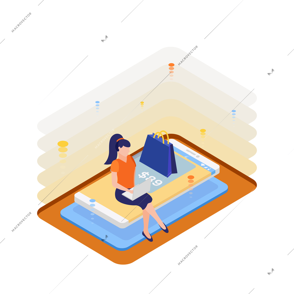 Online shopping isometric concept with woman buying things using laptop 3d vector illustration