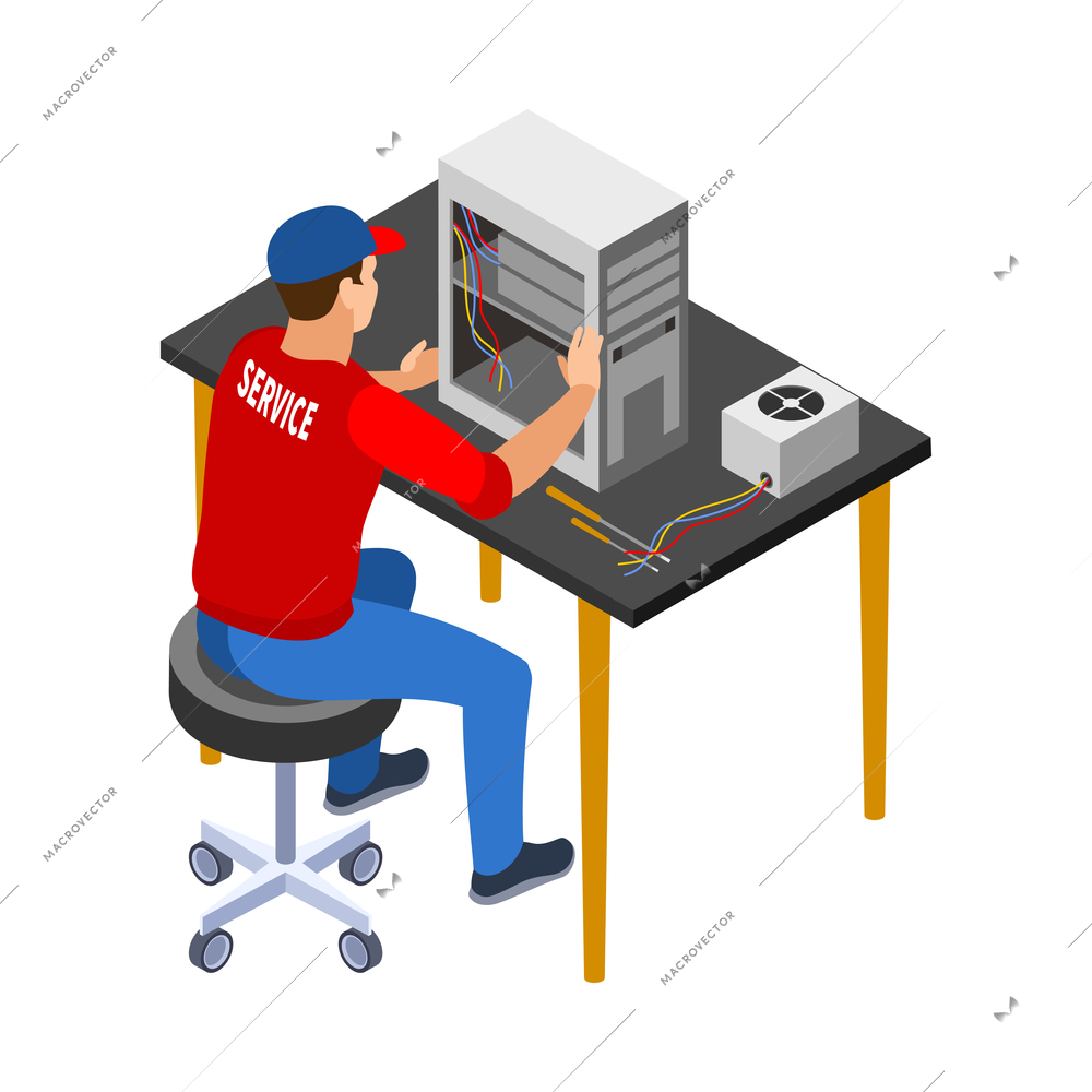 Man repairing computer system unit in service center 3d isometric vector illustration