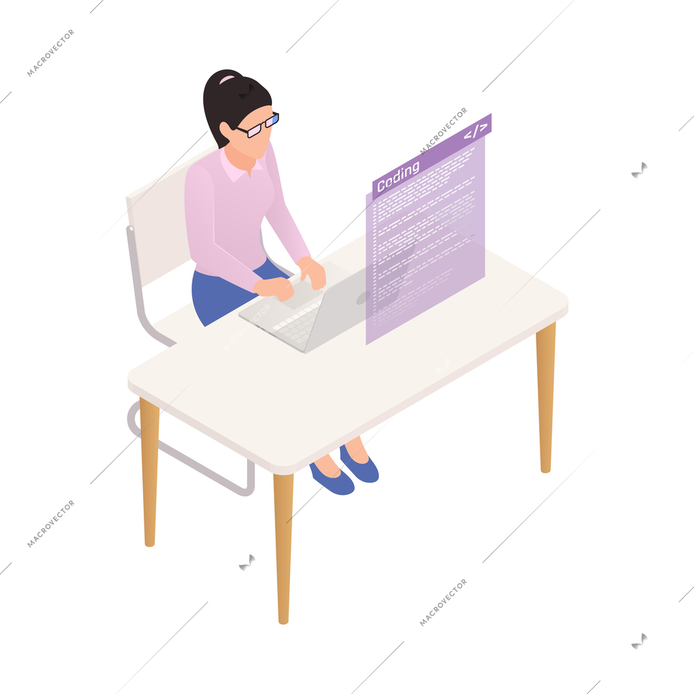 Female programmer coding at computer 3d isometric vector illustration