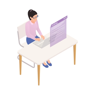 Female programmer coding at computer 3d isometric vector illustration