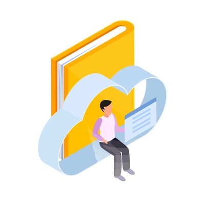 Online education isometric icon with book human character and cloud storage sign 3d vector illustration