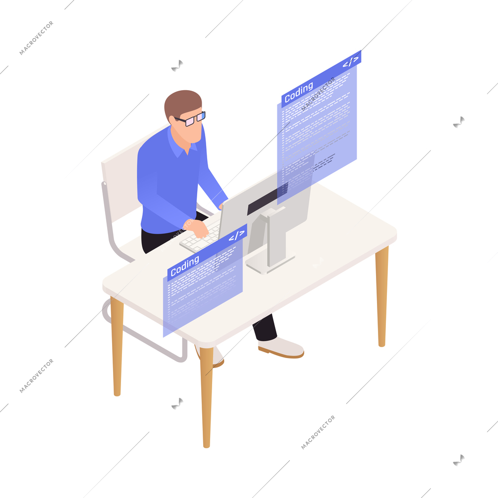 Male programmer or application develop working on computer at his work place 3d isometric vector illustration