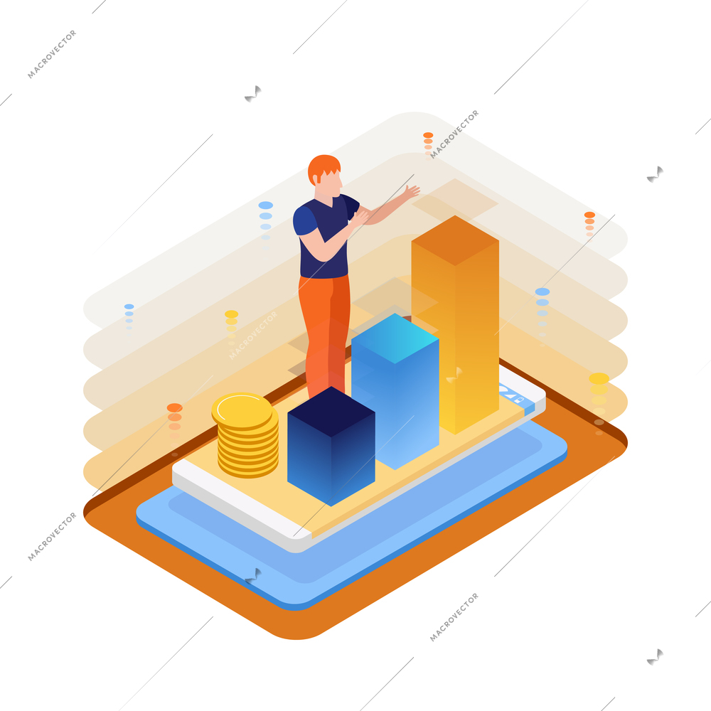 Data visualization icon with human character and statistic graph isometric vector illustration