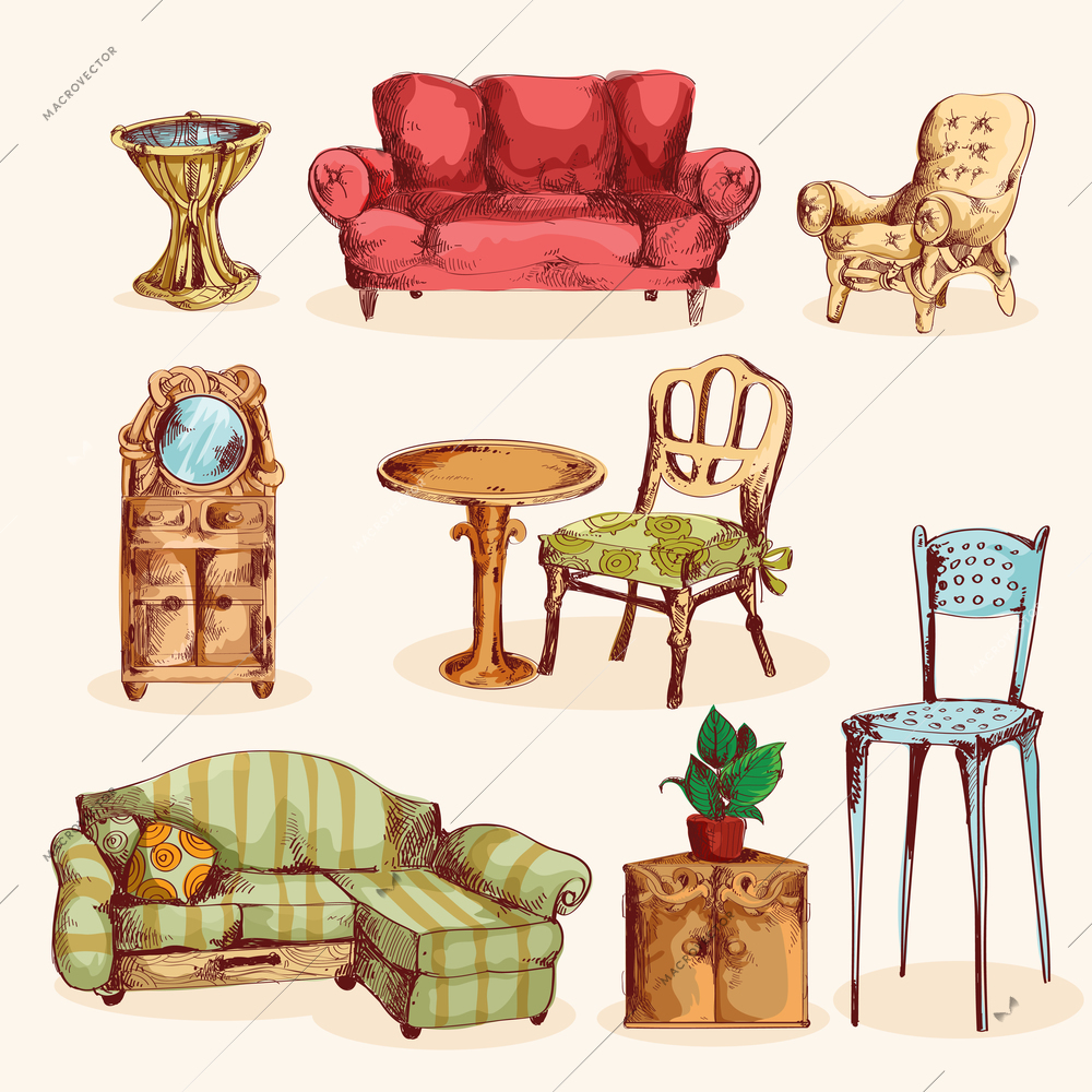 Furniture sketch colored decorative icons set with couch mirror armchair isolated vector illustration