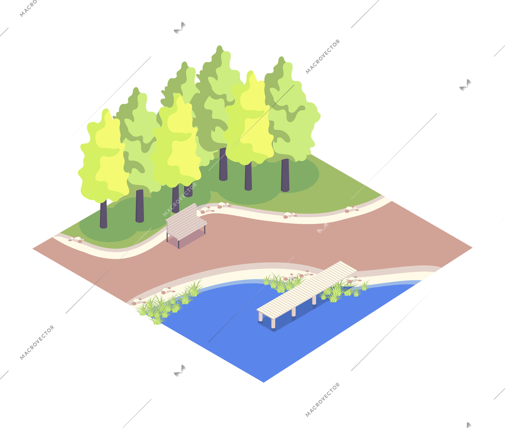 Isometric landscape with wooden bench in park next to pond or river 3d vector illustration