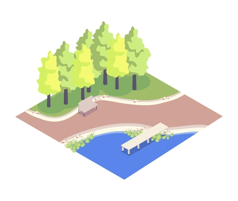 Isometric landscape with wooden bench in park next to pond or river 3d vector illustration