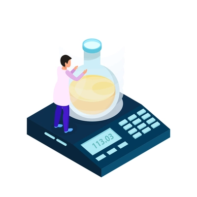 Science research icon with scientist weighing flask on electronic scales 3d isometric vector illustration