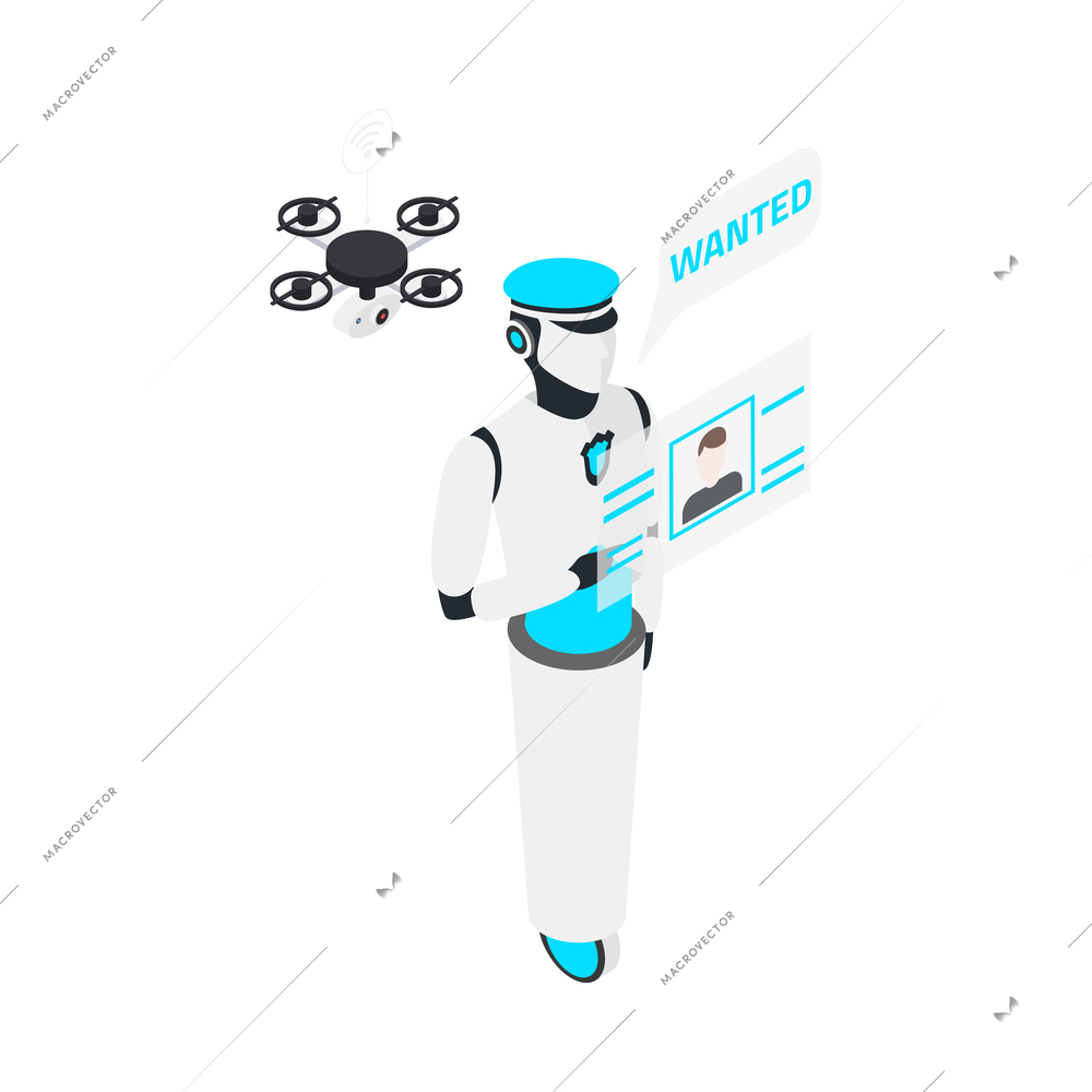 Isometric robotic policeman and automated drone with camera 3d vector illustration