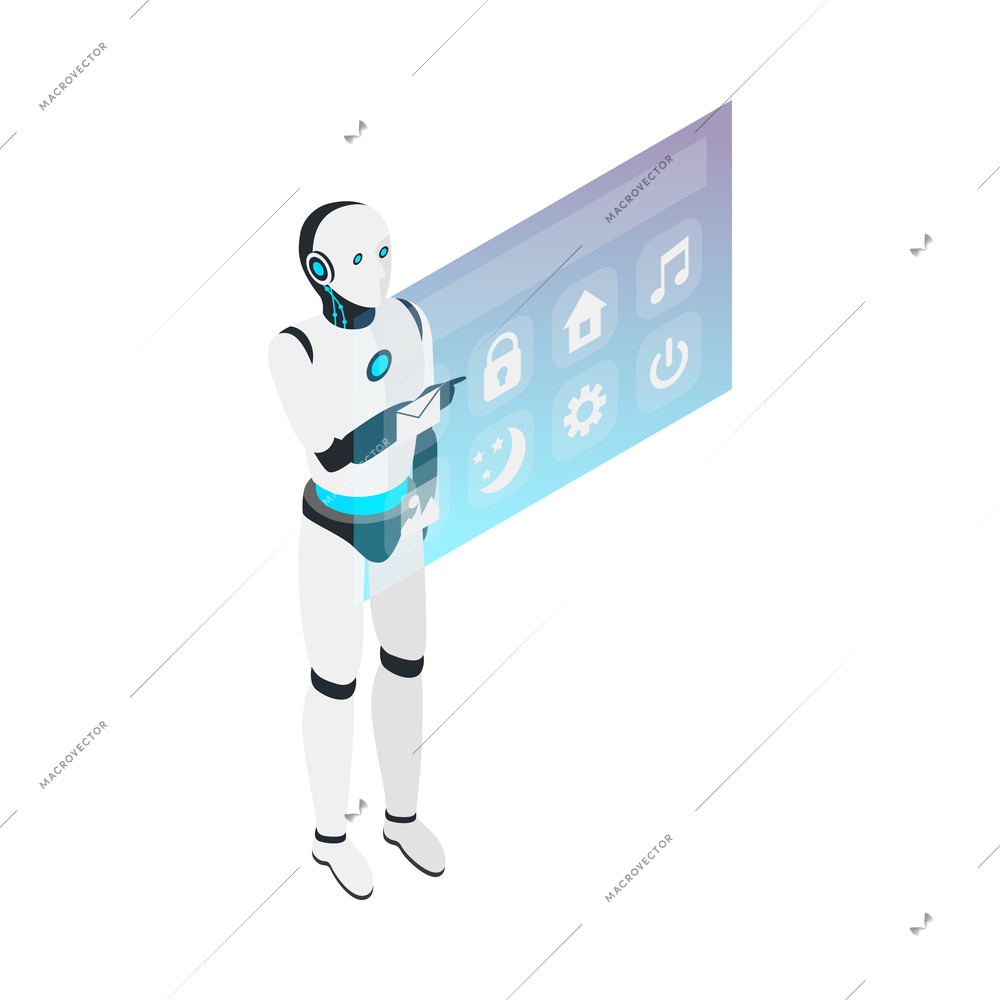 Isometric robot using inteactive touch screen 3d vector illustration