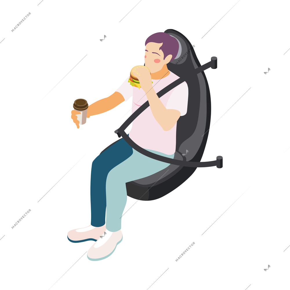 Takeaway food concept with isometric character eating burger and drinking coffee on car seat 3d vector illustration