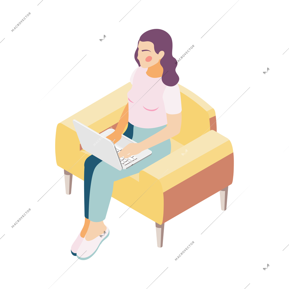 Woman freelancer working on laptop at home 3d isometric vector illustration