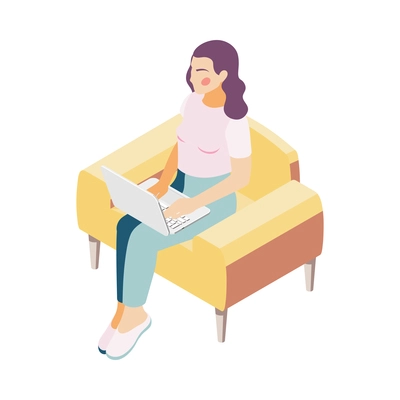 Woman freelancer working on laptop at home 3d isometric vector illustration