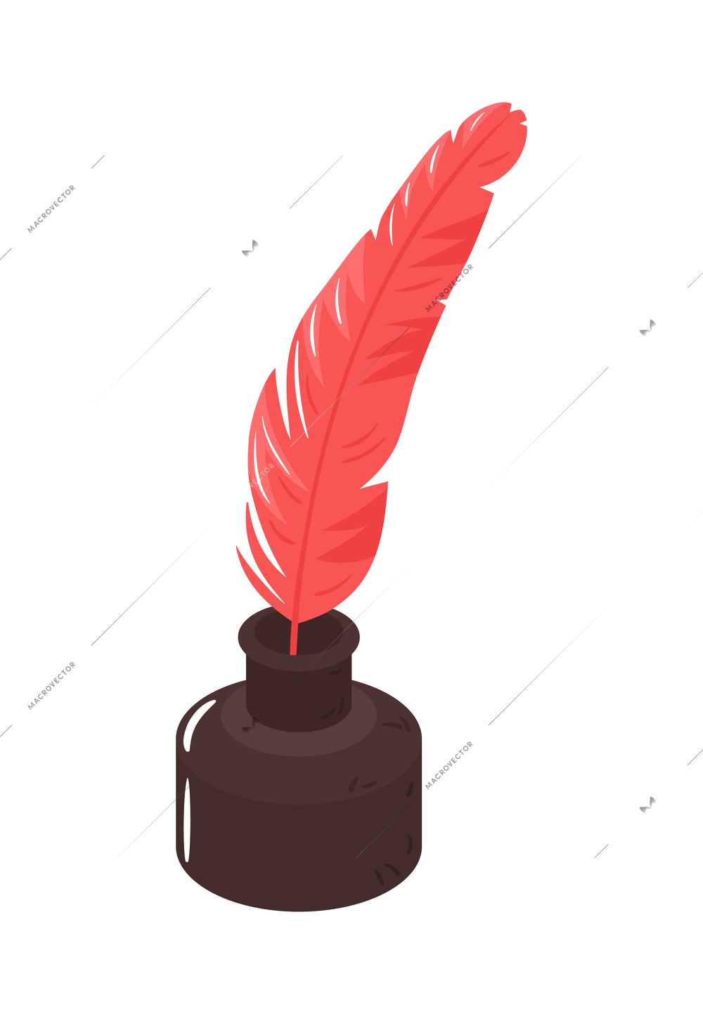 Isometric icon with red notary feather in inkpot 3d vector illustration