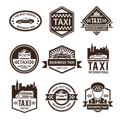 Taxi international public auto car transportation service black label set vector illustration