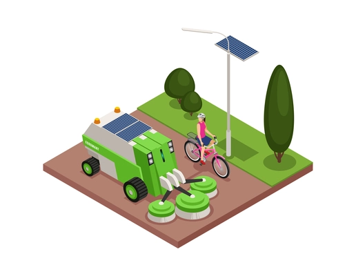 Smart urban ecology isometric composition with female cyclist and electric vehicle cleaning street 3d vector illustration