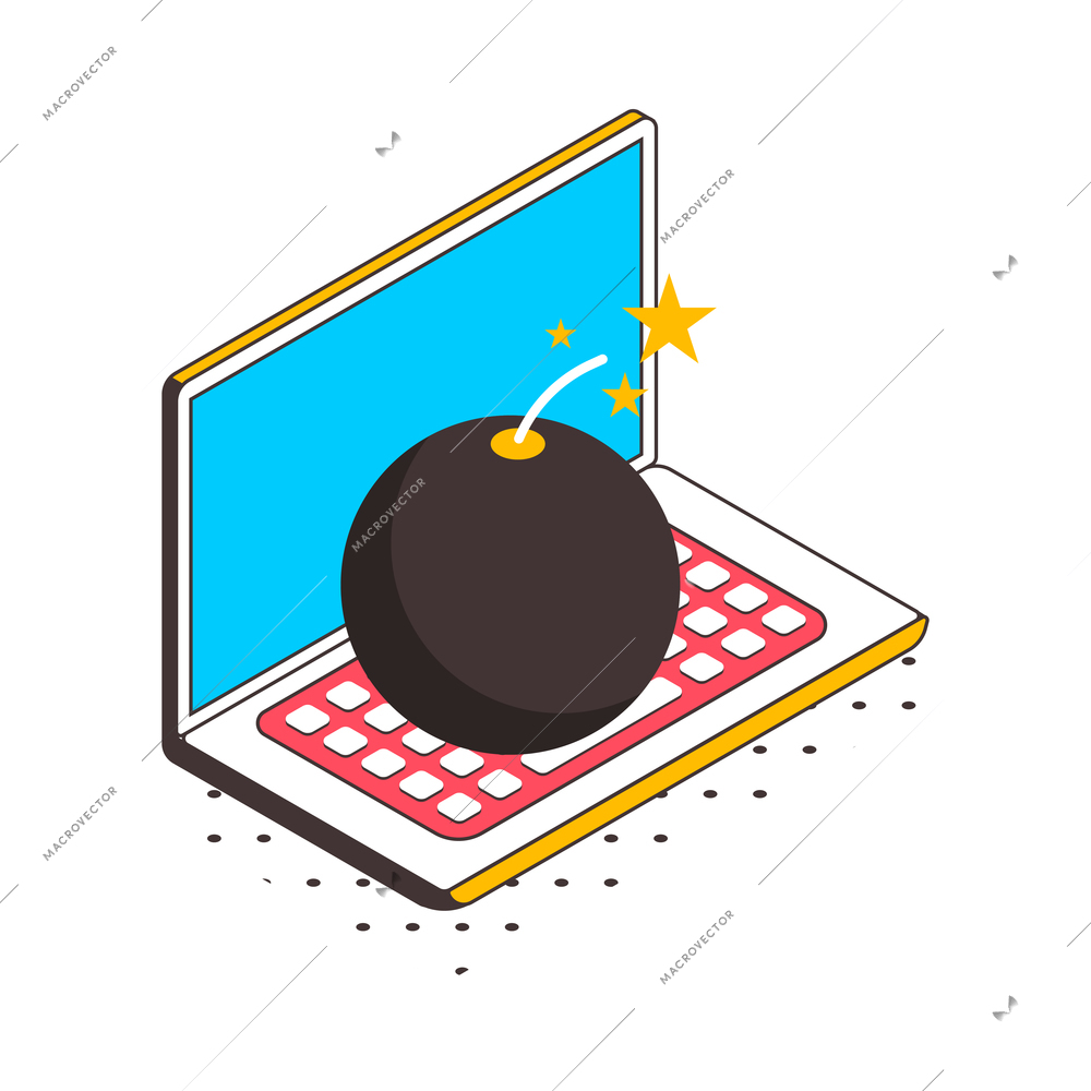 Internet data protection isometric concept icon with bomb on laptop 3d vector illustration