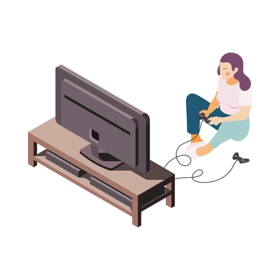 Woman gamer playing games console on tv 3d isometric vector illustration