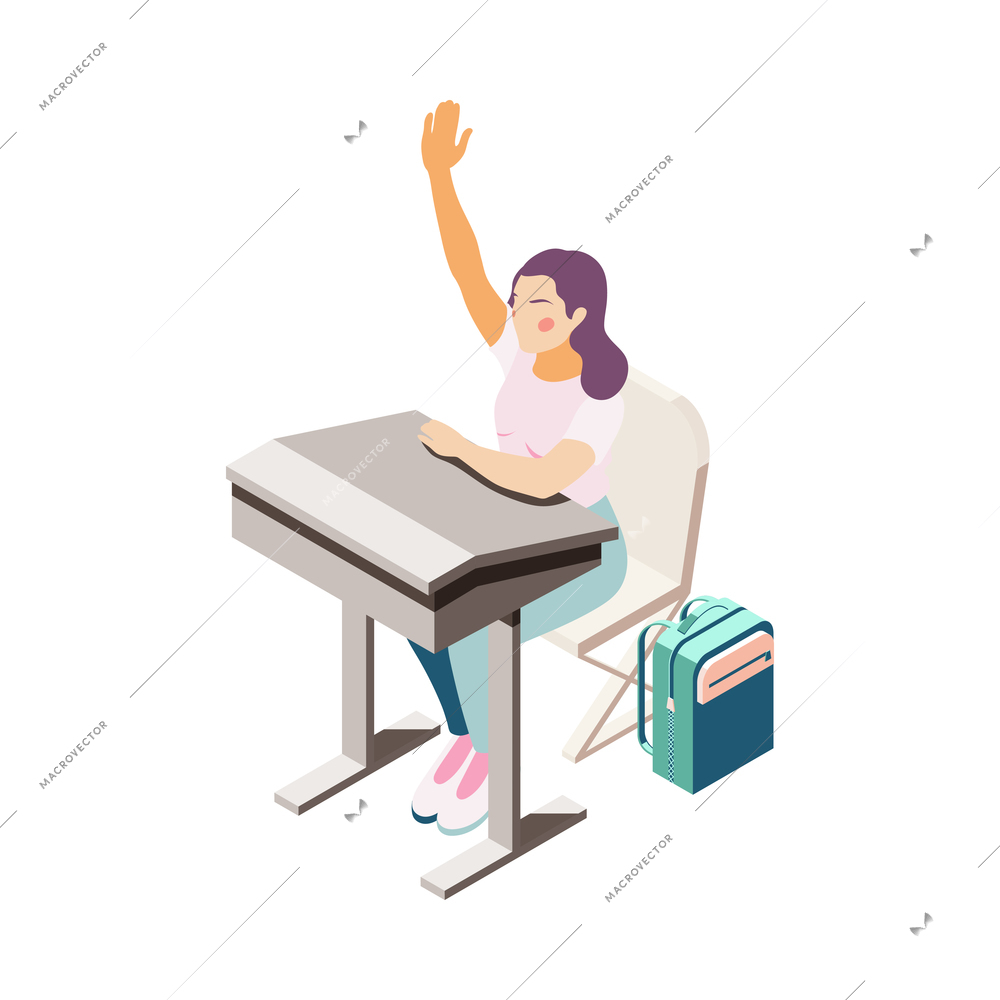 Isometric female student in high school classroom 3d vector illustration