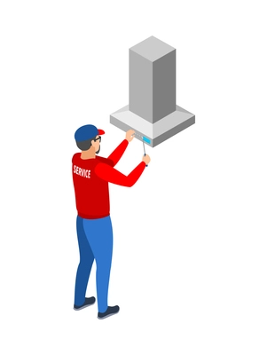 Isometric serviceman fixing cooker hood 3d vector illustration