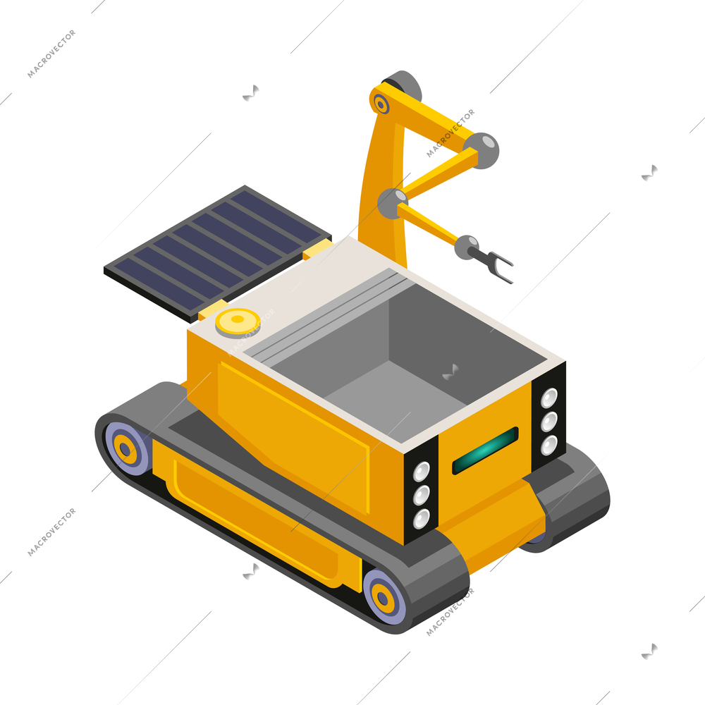 Modern smart caterpillar agricultural robot on white background 3d isometric vector illustration