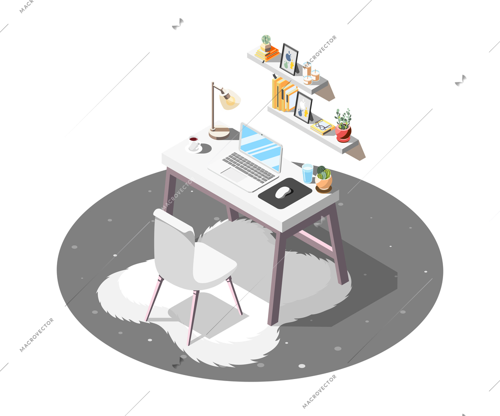 Loft interior modern study composition with computer desk and shelves 3d isometric vector illustration