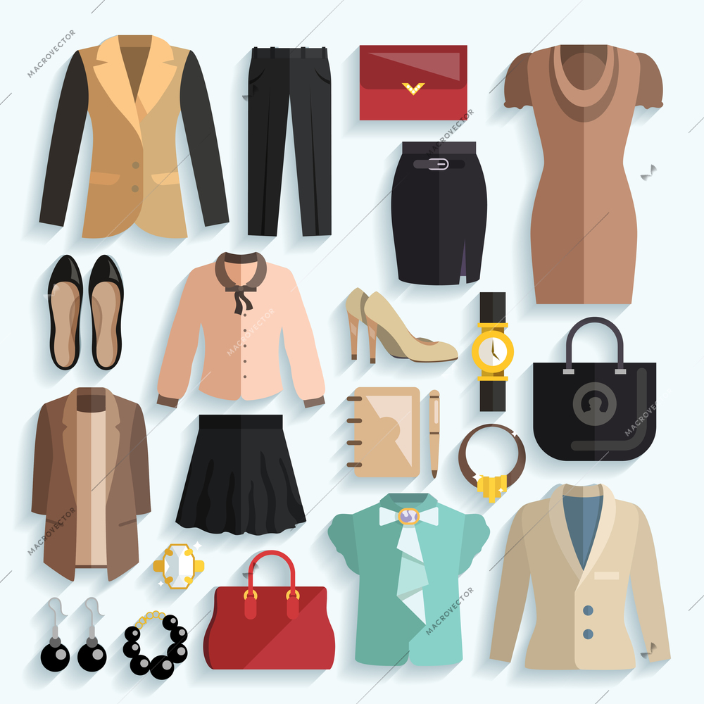 Businesswoman clothes decorative icons flat set with jacket panties purse isolated vector illustration