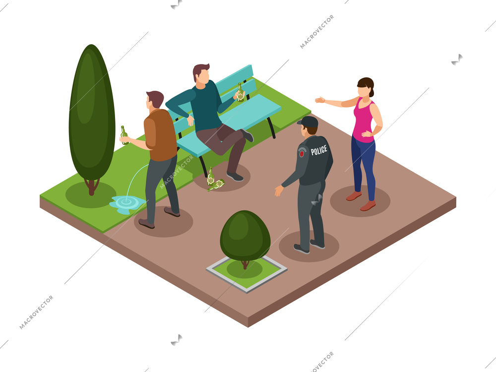 Alcoholism dependence composition with policeman going to arrest men drinking in park 3d isometric vector illustration