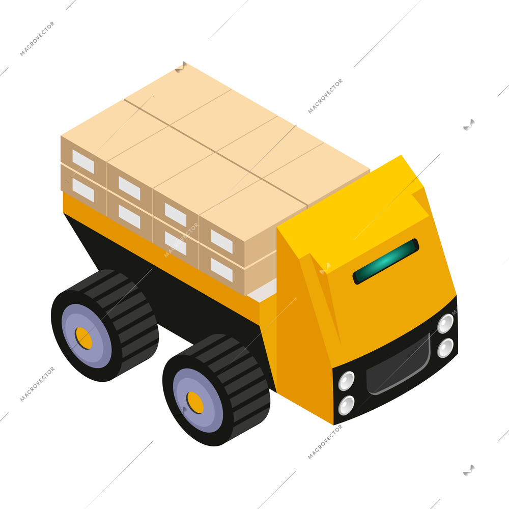 Isometric industrial robotic truck carrying cargo in cardboard boxes isometric icon 3d vector illustration