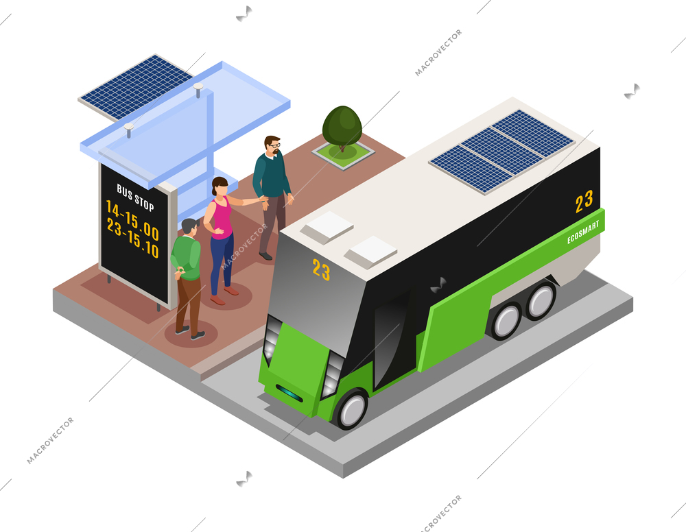 Smart urban ecology isometric composition with eco electric bus and people 3d vector illustration
