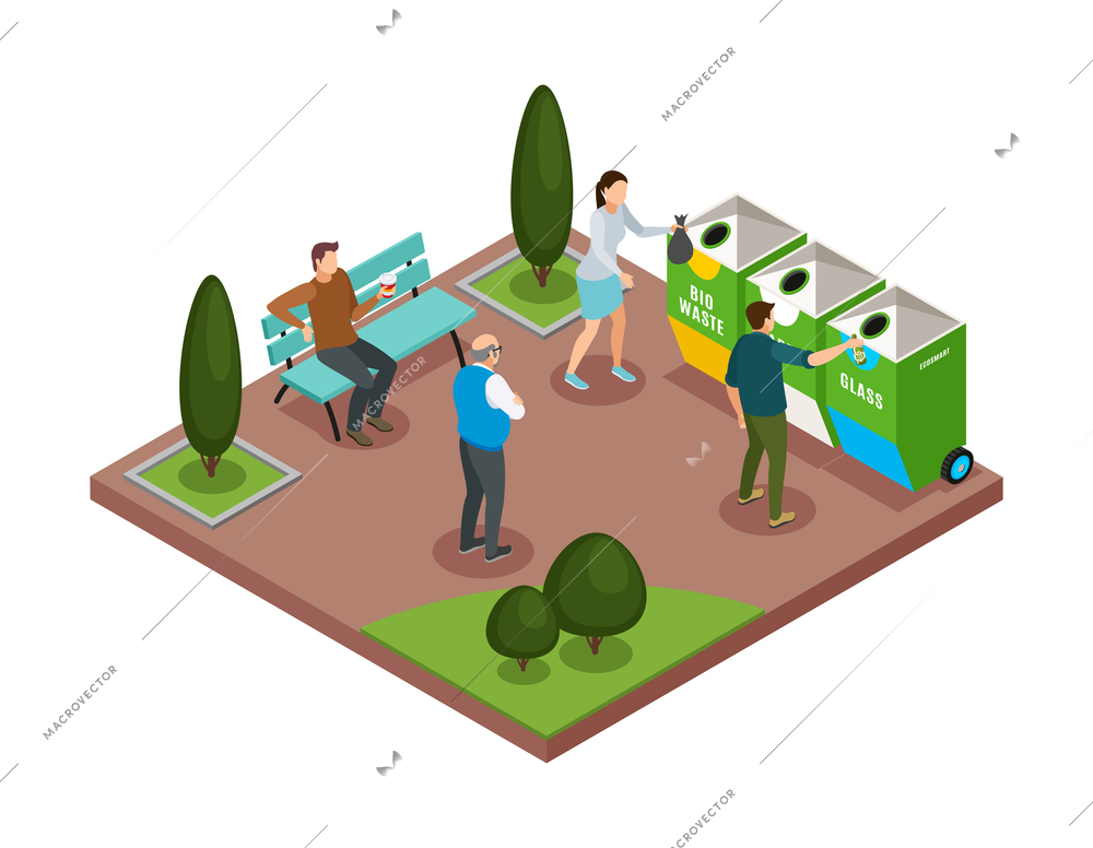 Smart urban ecology isometric composition with people sorting rubbish in park 3d vector illustration