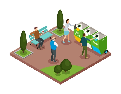 Smart urban ecology isometric composition with people sorting rubbish in park 3d vector illustration