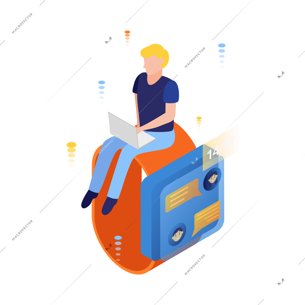 People and interface isometric icon with character using laptop while sitting on big 3d smartwatch vector illustration