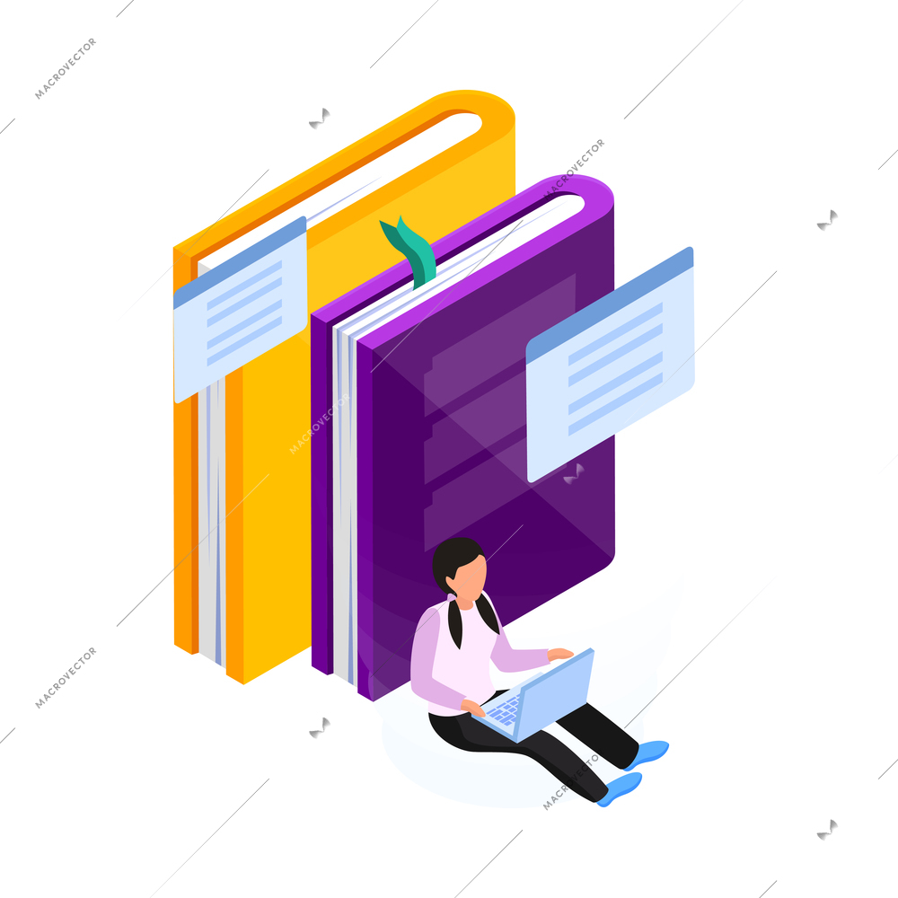 Online education icon with books and students studying on her laptop 3d isometric vector illustration