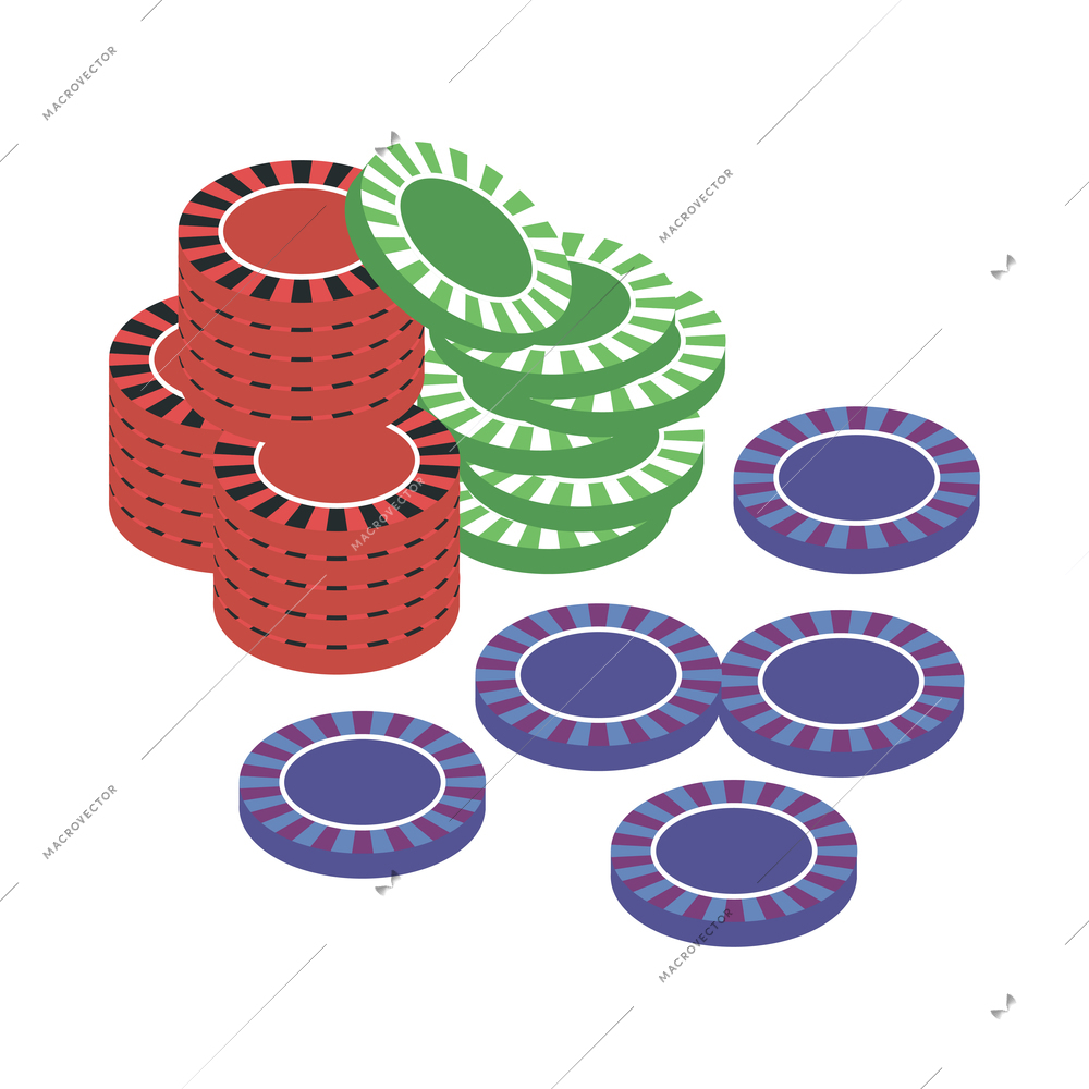 Isometric colorful casino chips on white background 3d vector illustration