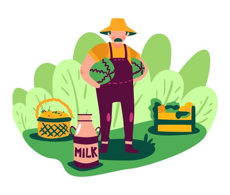 Eco farming composition with flat farmer standing with domestic products in garden vector illustration