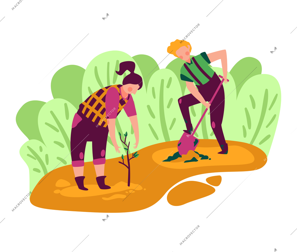 Eco farming flat composition with two people planting trees in spring vector illustration