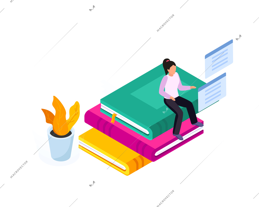 Online education icon with female character sitting on stack of books 3d isometric vector illustration