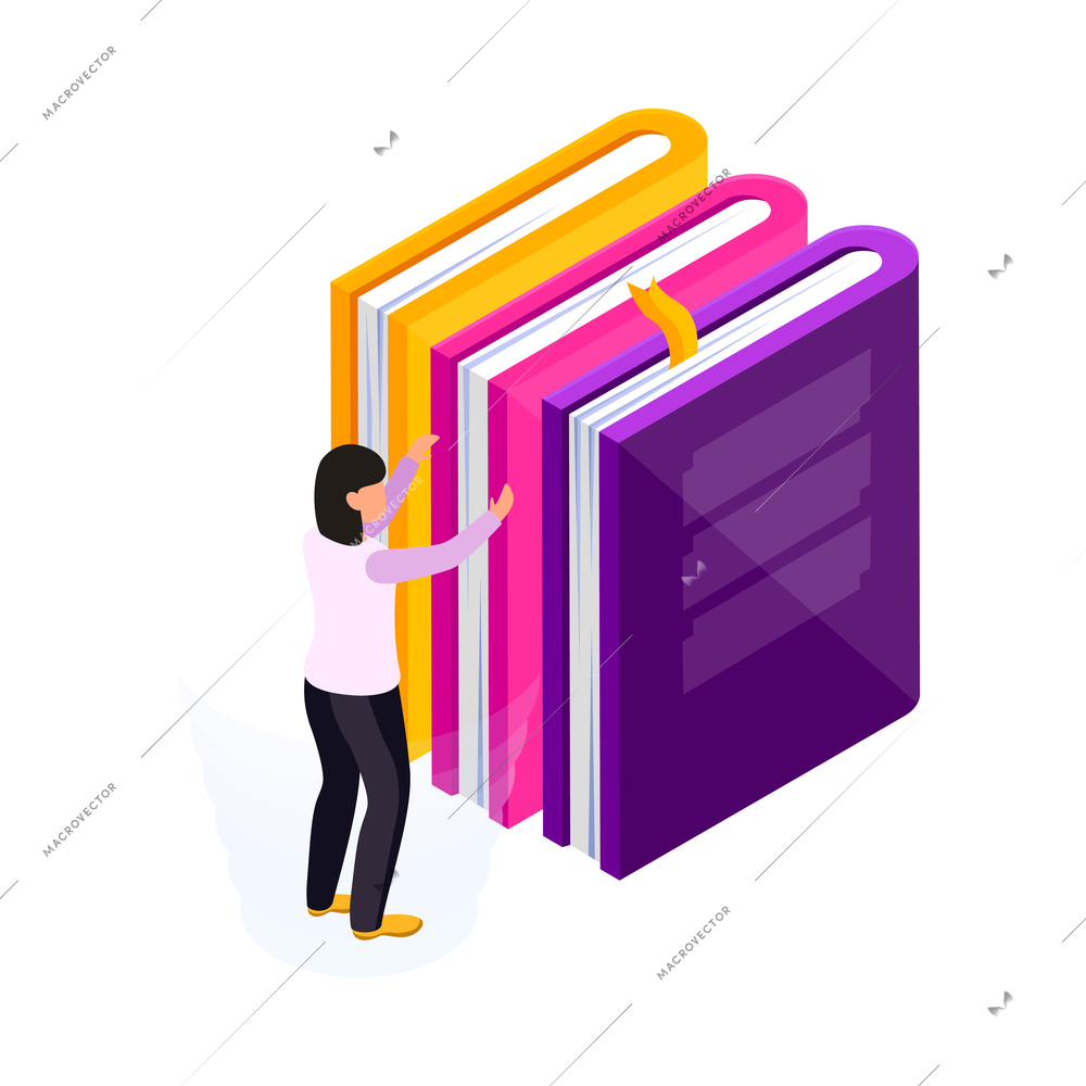 Education isometric icon with student choosing book 3d vector illustration