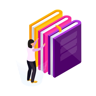 Education isometric icon with student choosing book 3d vector illustration