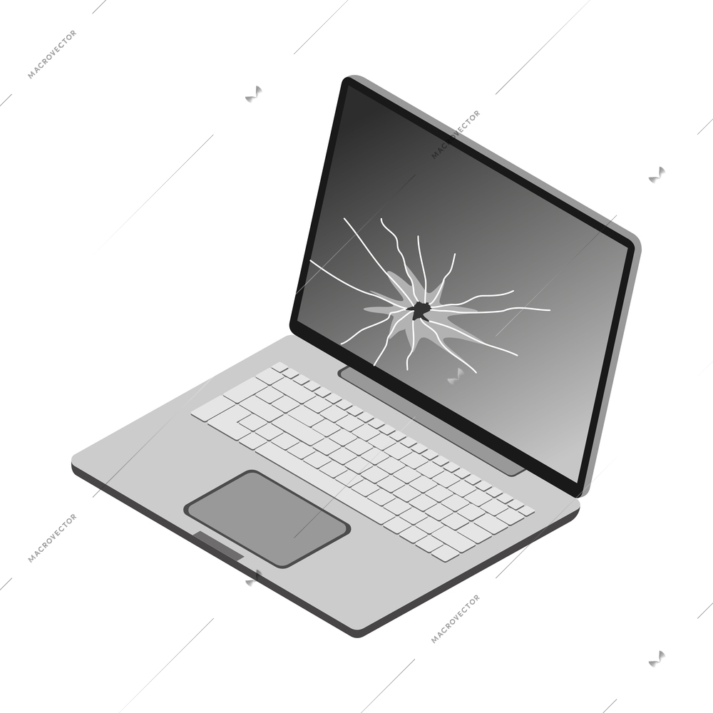 Isometric broken laptop with cracks on screen 3d vector illustration