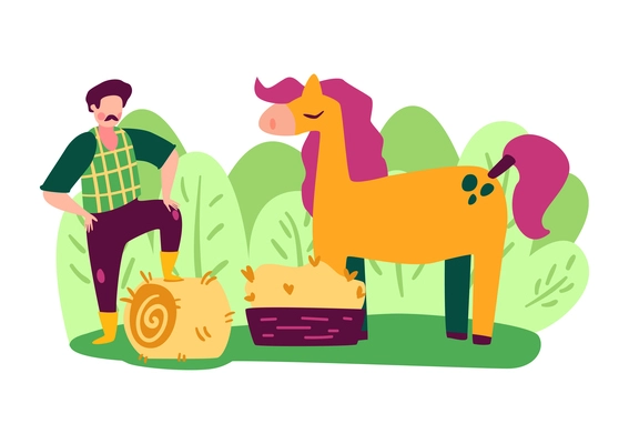 Eco farming flat composition with male farmer and horse vector illustration