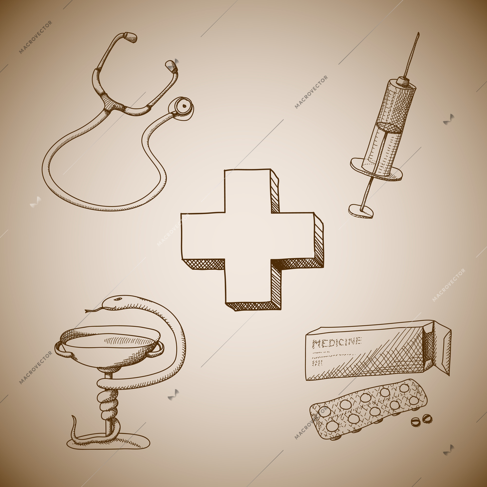 Collection of medical symbols of phonendoscope pills and syringe isolated vector illustration