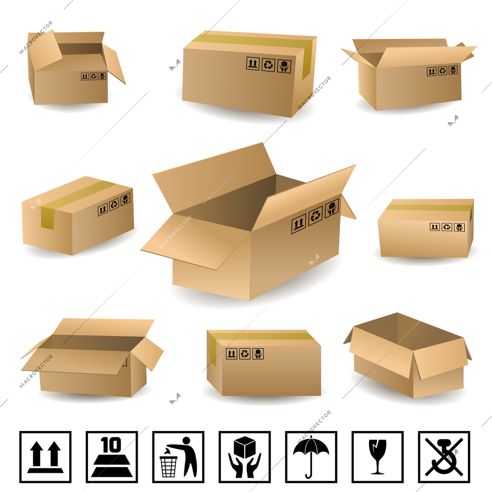 Cardboard shipping delivery boxes set with packaging icons isolated vector illustration