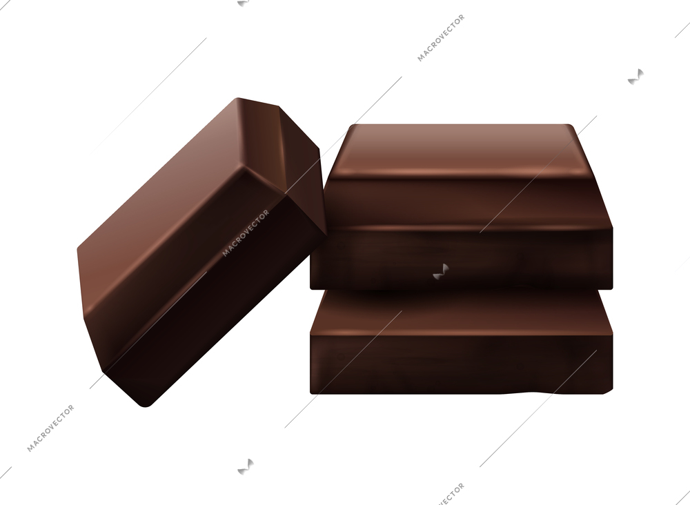 Three realistic pieces of dark chocolate on white background vector illustration