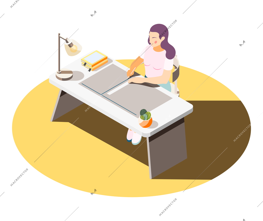 Female architect or designer working on project in office isometric composition 3d vector illustration