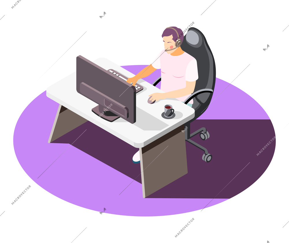 Call center composition with male worker wearing headset working on computer 3d isometric vector illustration