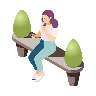 Woman eating ice cream and using smartphone on bench in park 3d isometric vector illustration