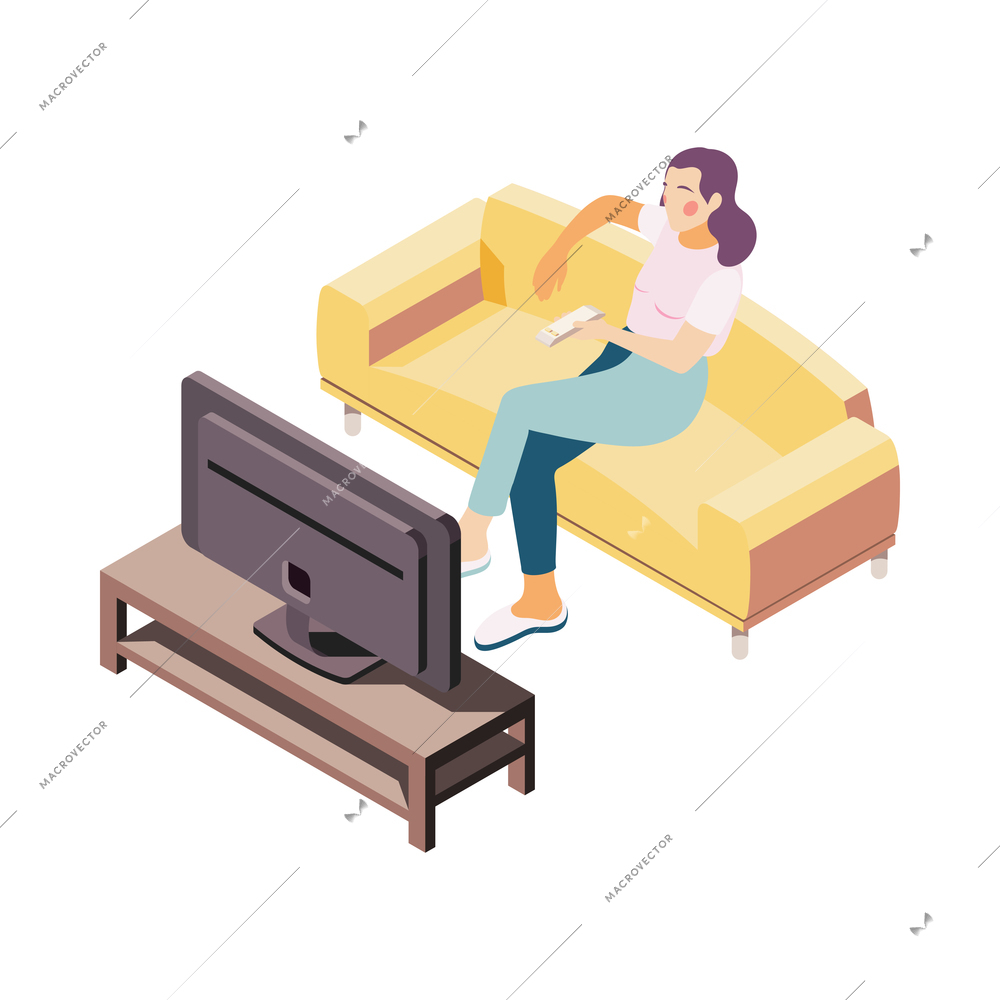 Isometric woman watching tv at home on sofa 3d vector illustration