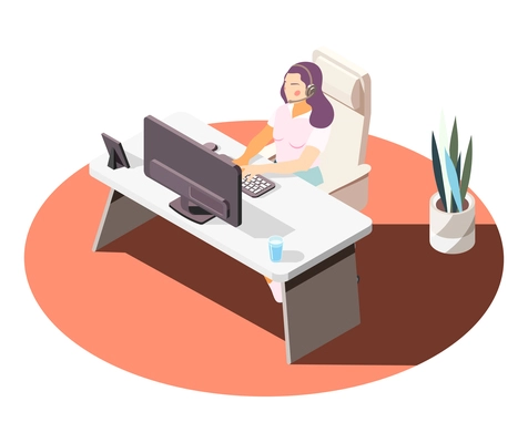 Call center technical support isometric composition with female worker at her workplace in office 3d vector illustration